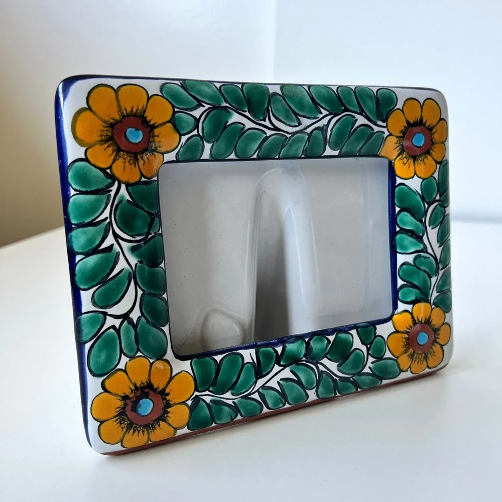 Hand Painted Talavera Ceramic Picture Frame Mexico Floral Fits 4x6 Photo